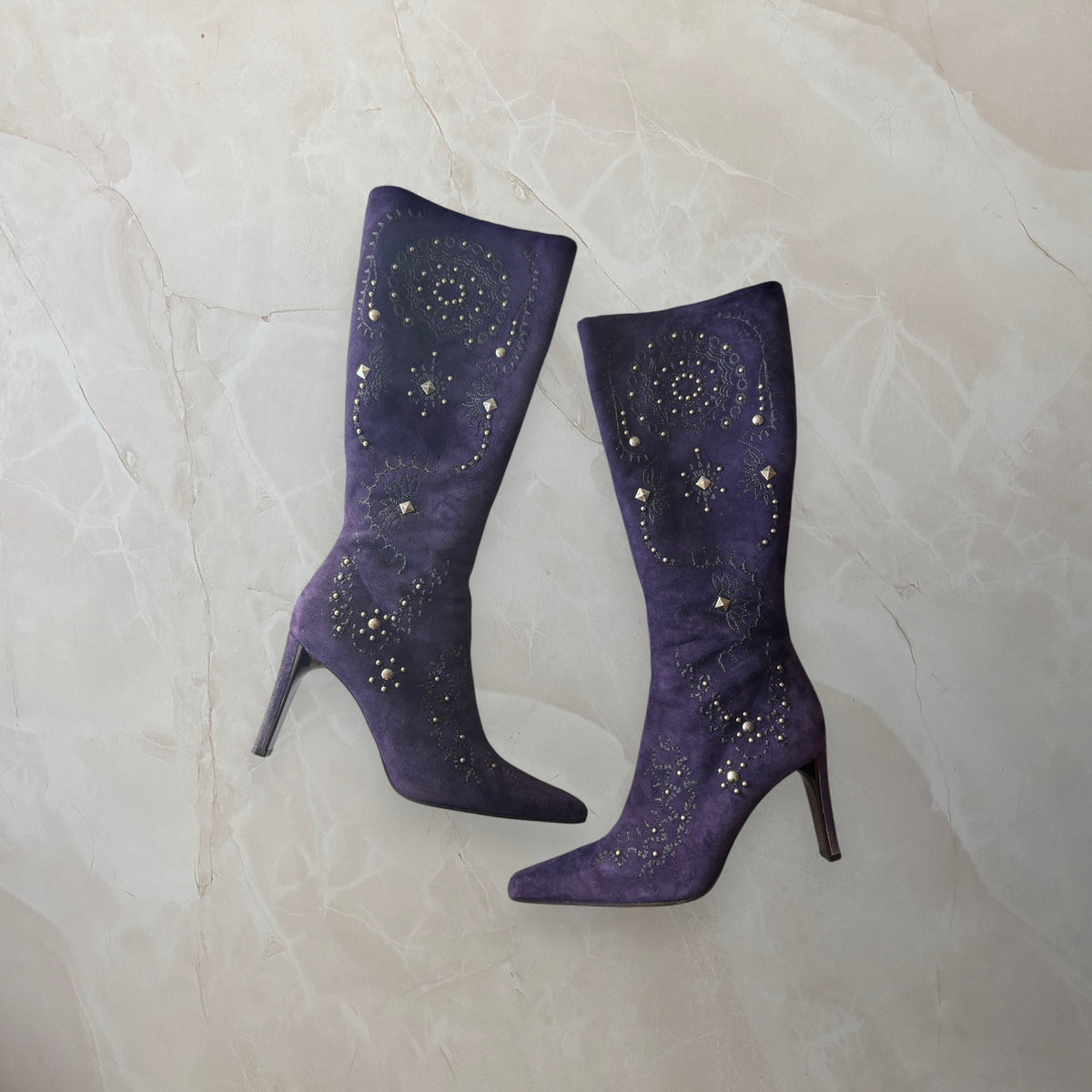 Donald J. Pliner US 9 Purple Suede Studded Embroidered Knee High Boot