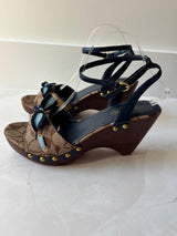 Coach US 9 Tan/brown Monogram C Canvas Open Toe Wooden Wedge