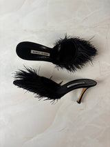 Manolo Blahnik EU 39 Black Satin Ostrich Feather Pointed Mule