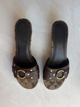 Coach US 8.5 Tan/brown Monogram Canvas Open Toe Wedge Mule