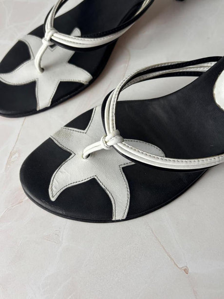 Coach US 8.5 Black and White Leather Open Toe Thong Sandal
