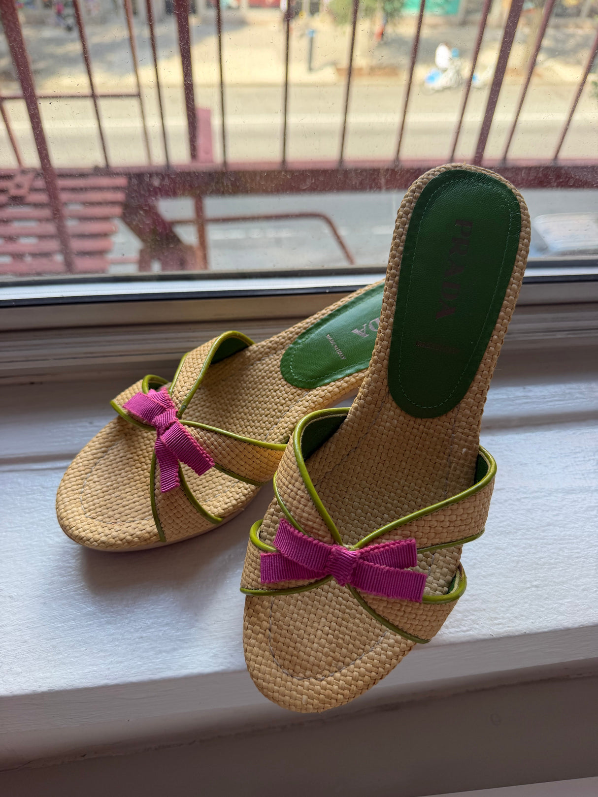 Raffia Prada pink bow heels TUV #256