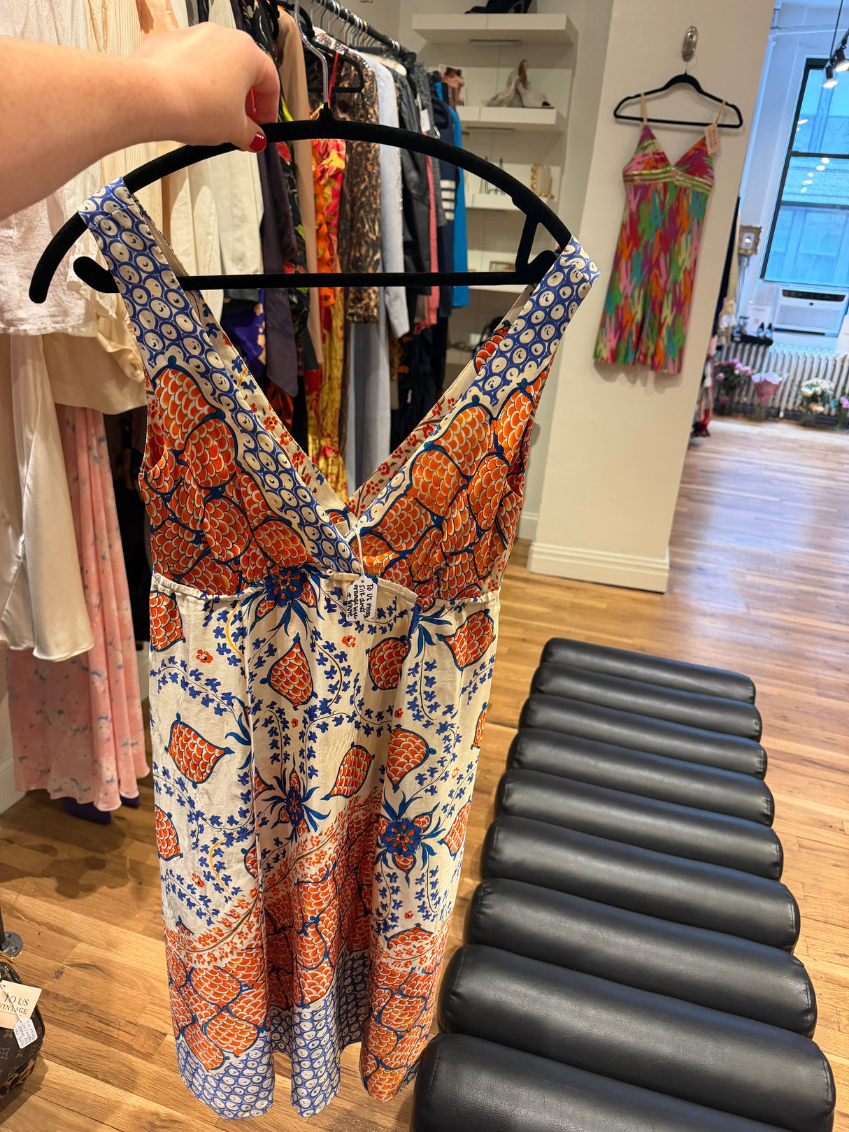 Silk dress orange blue and white