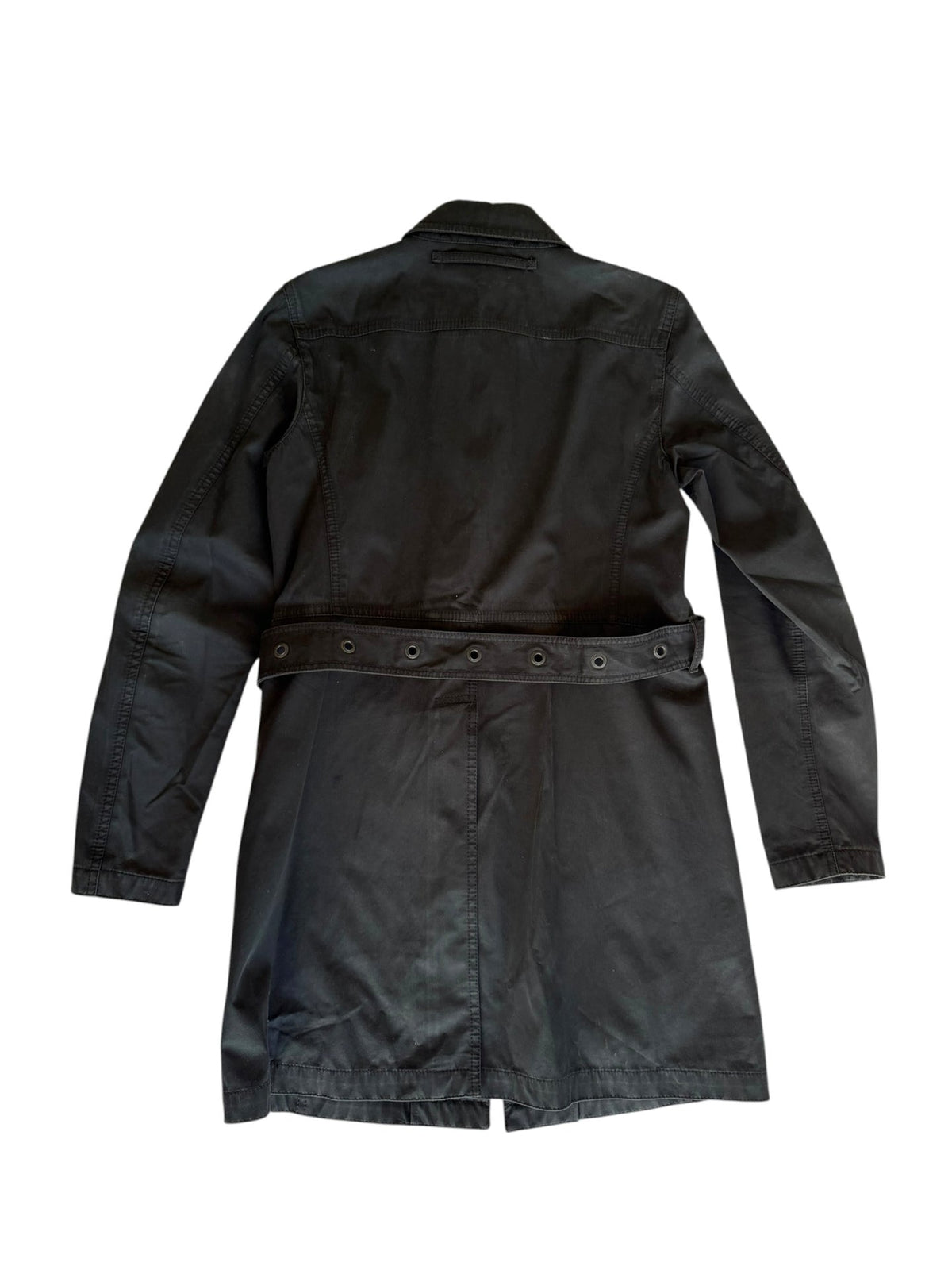 Prada 2004 black trench coat with silver belted eyelets (sz 42)