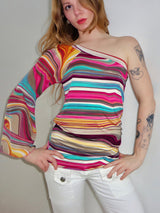 Italian Striped Sheer Sleeve One Shoulder Slouchy Top