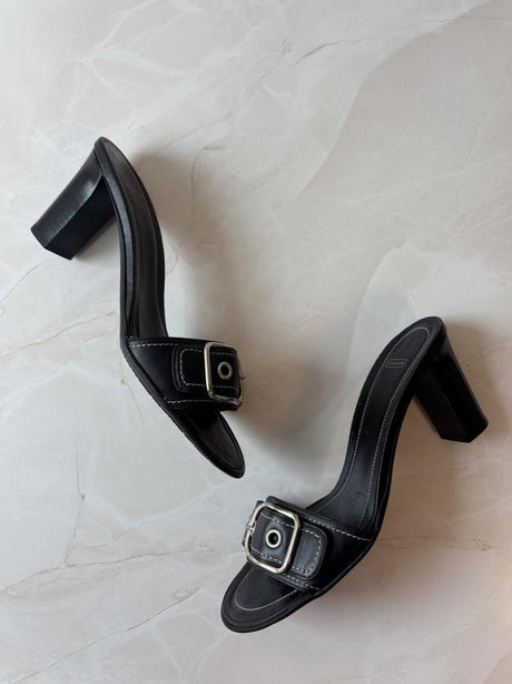 Coach US 8 Black Leather Open Toe Block Heel Mule