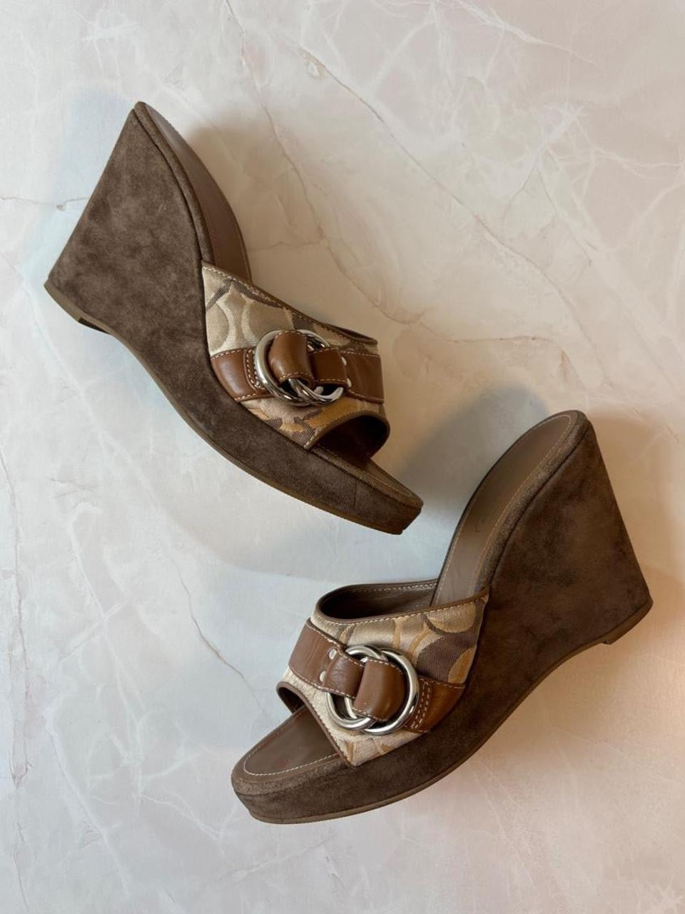 Coach US 7 Tan Monogram Canvas Wedge Mule