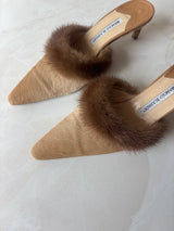 Manolo Blahnik EU 39.5 Tan Pony Hair Fur Trim Pointed Toe Kitten Heel Mule