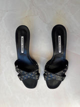 Manolo Blahnik EU 39.5 Black Leather Grommet Crossover Kitten Heel Mule