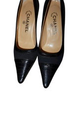 Chanel black suede and leather heels with silver CC logo (36.5C)