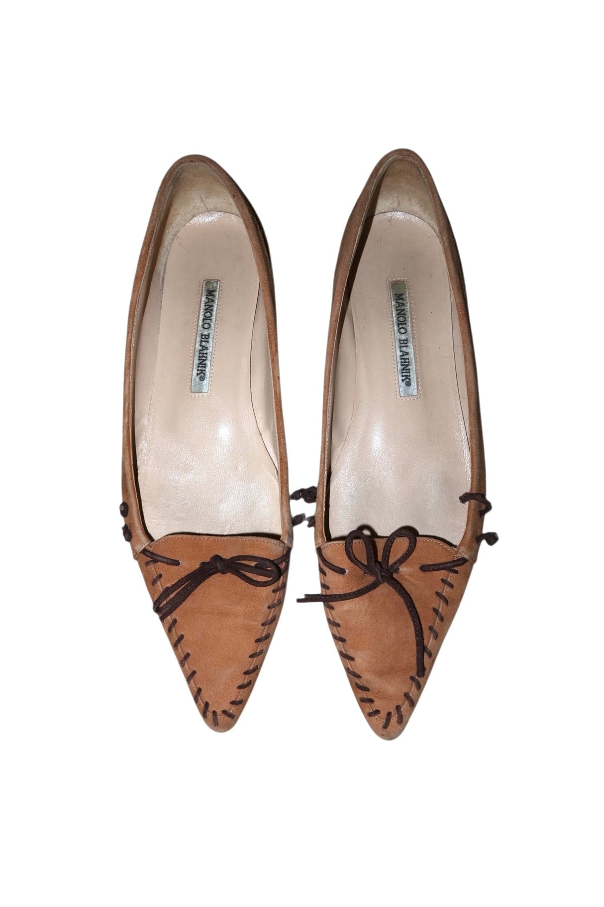 Manolo Blahnik camel suede flats with brown bows and details (38.5)