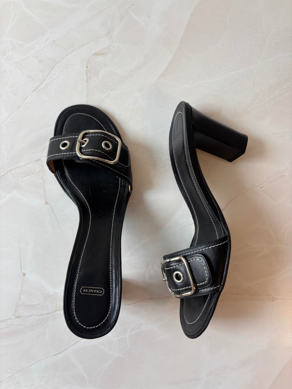 Coach US 8 Black Leather Open Toe Block Heel Mule
