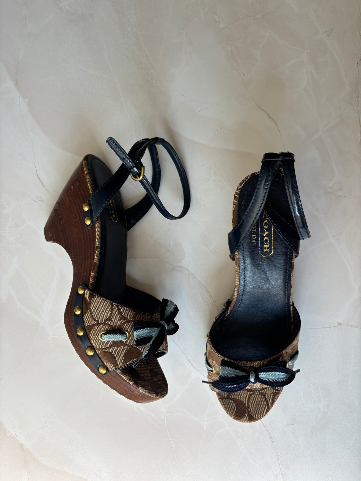 Coach US 9 Tan/brown Monogram C Canvas Open Toe Wooden Wedge