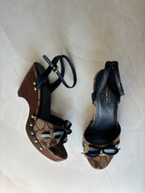 Coach US 9 Tan/brown Monogram C Canvas Open Toe Wooden Wedge