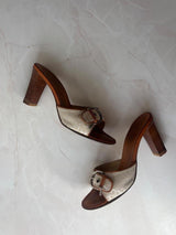 Coach US 6 White and Cream Logo Peep Toe Kitten Heel Sandal