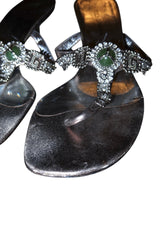 Dolce & Gabbana silver mules with rhinestones, D&G logo and green stone (38.5)