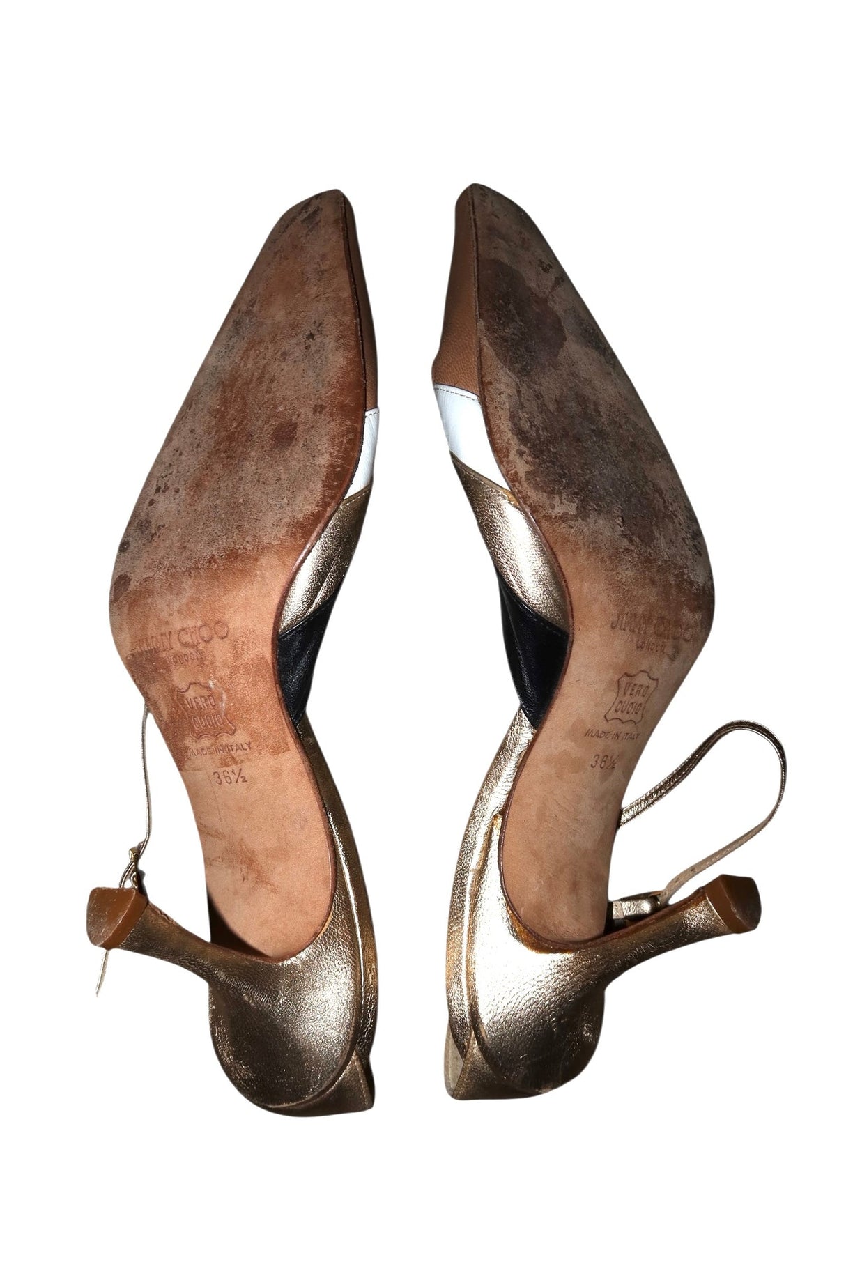 Jimmy Choo tan/multi color leather heels with gold details (36.5)