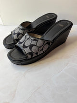Coach US 10 Black Grey Monogram Canvas Wedge Slide Sandal
