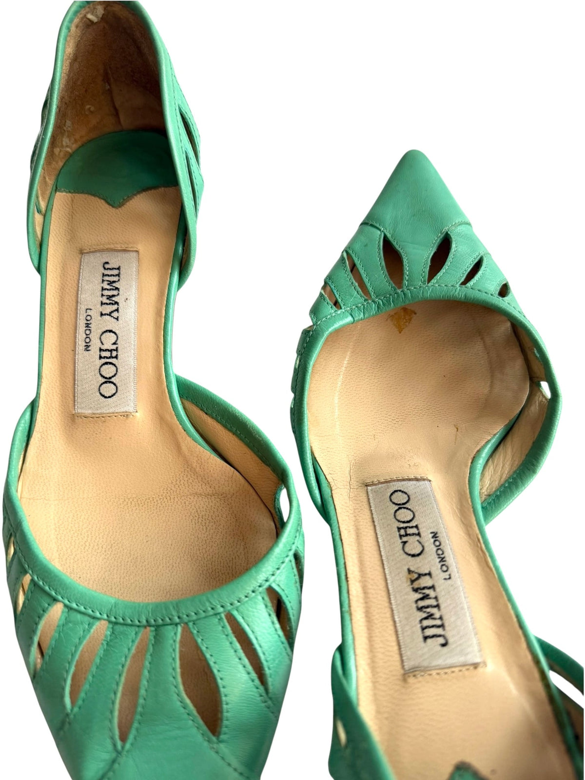 Jimmy Choo teal leather cutout kitten heels (35.5)