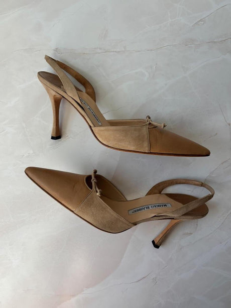 Manolo Blahnik EU 38 Tan Suede Leather Slingback Pointed Toe Heel