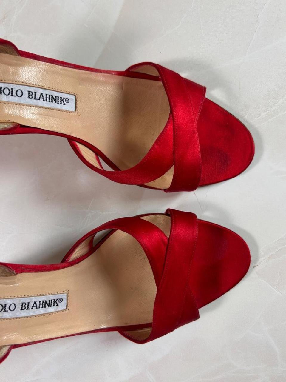 Manolo Blahnik EU 37 Cherry Red Satin Crisscross Sandal