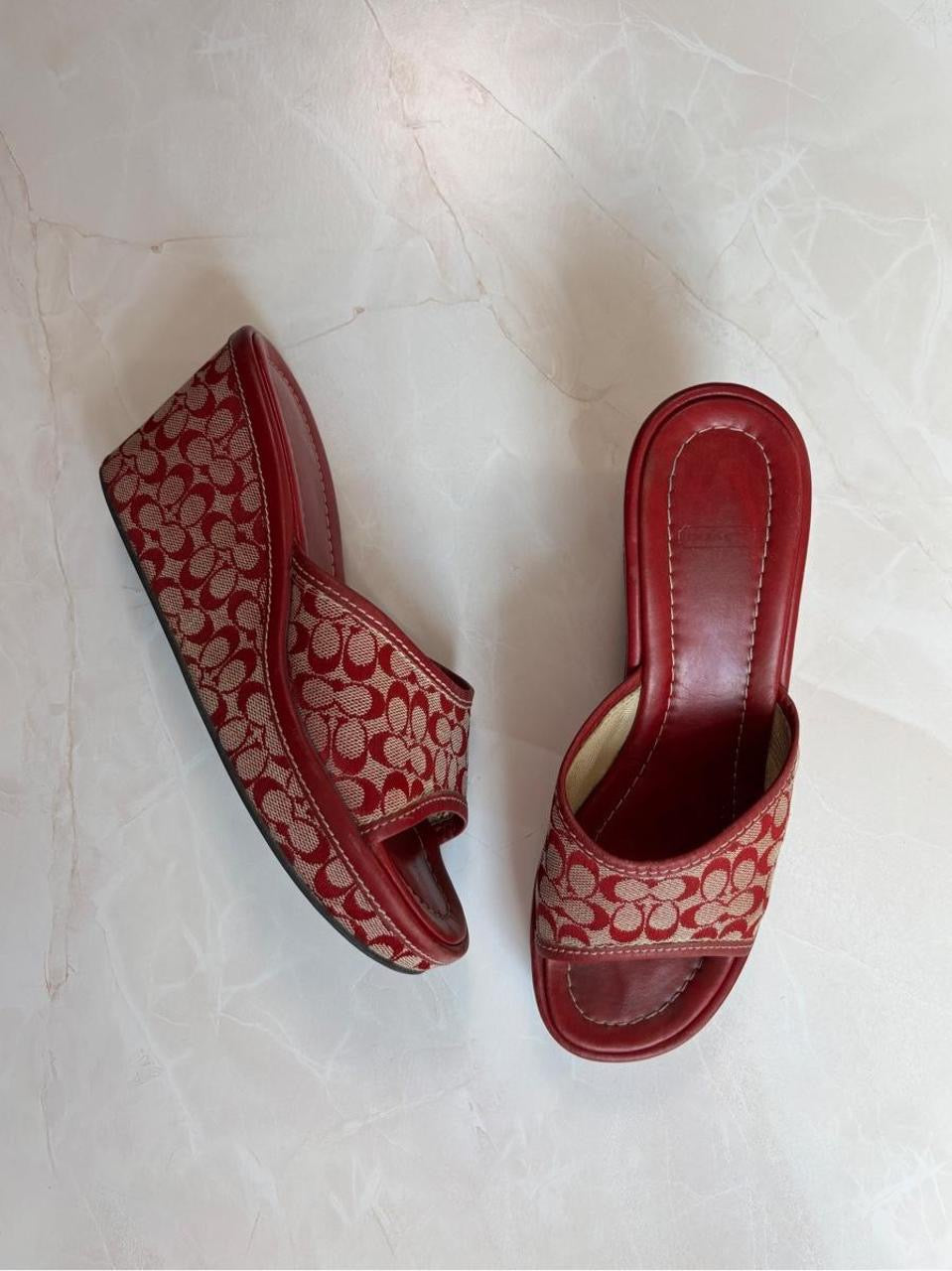 Coach US 7 Red Signature C Monogram Canvas Open Toe Platform Wedge Slide