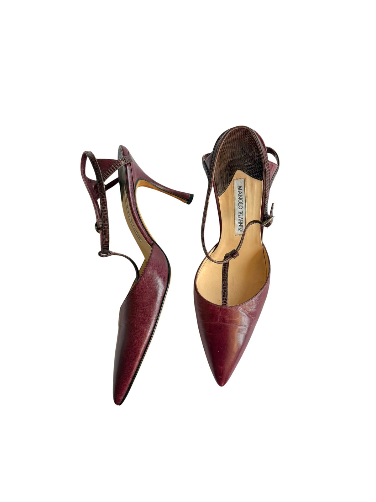 Manolo Blahnik burgundy lizard t-strap slingback heels (39)
