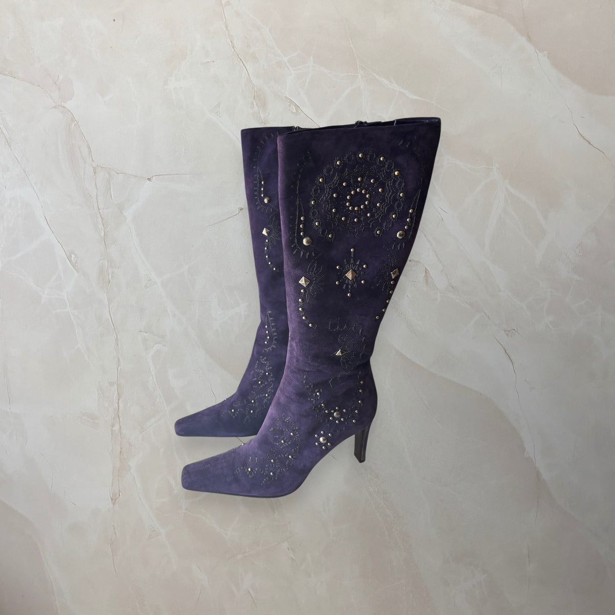 Donald J. Pliner US 9 Purple Suede Studded Embroidered Knee High Boot