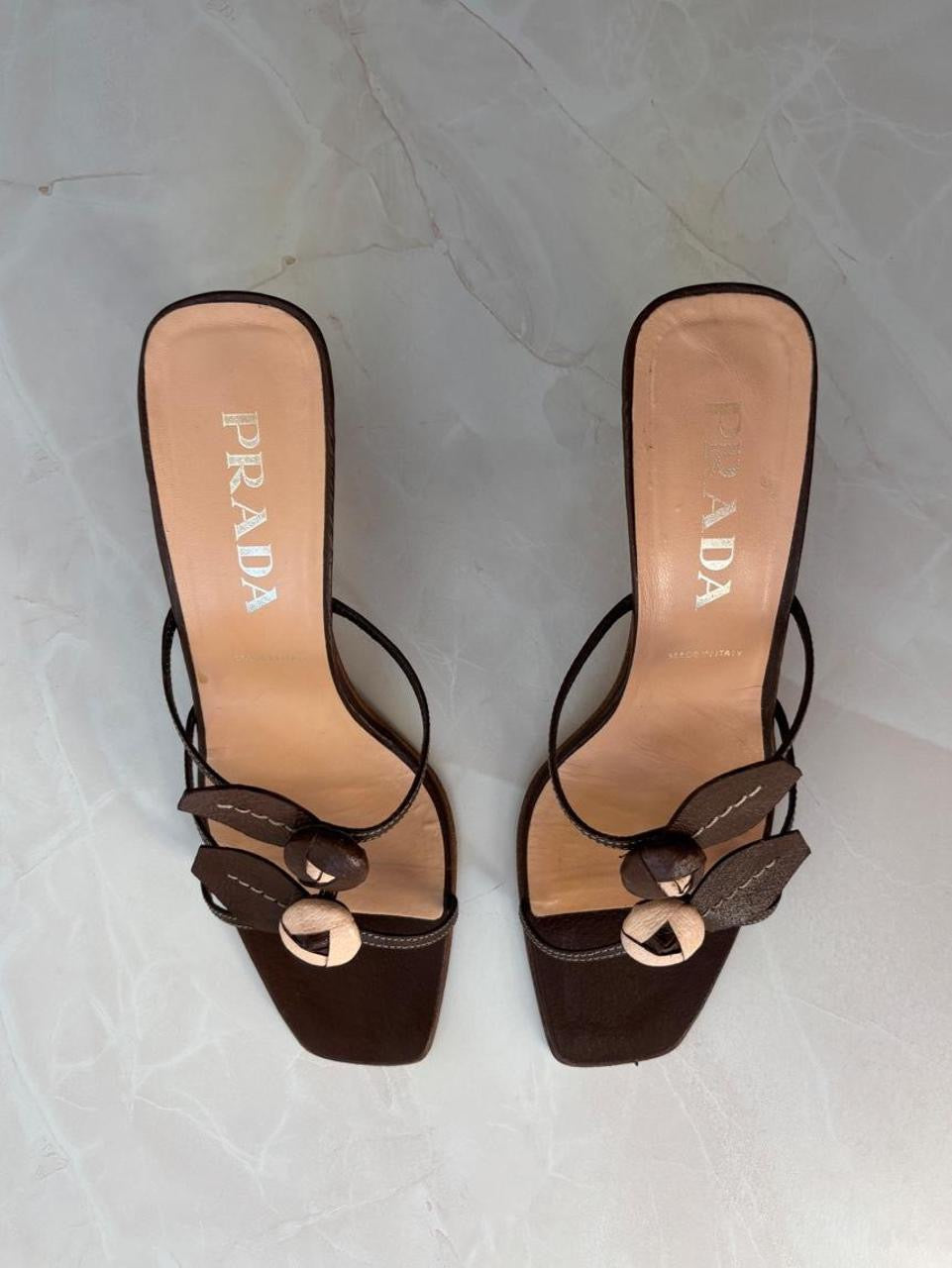 Prada EU 38.5 Chocolate Brown Leather Flower Kitten Heel Mule