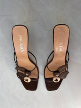 Prada EU 38.5 Chocolate Brown Leather Flower Kitten Heel Mule