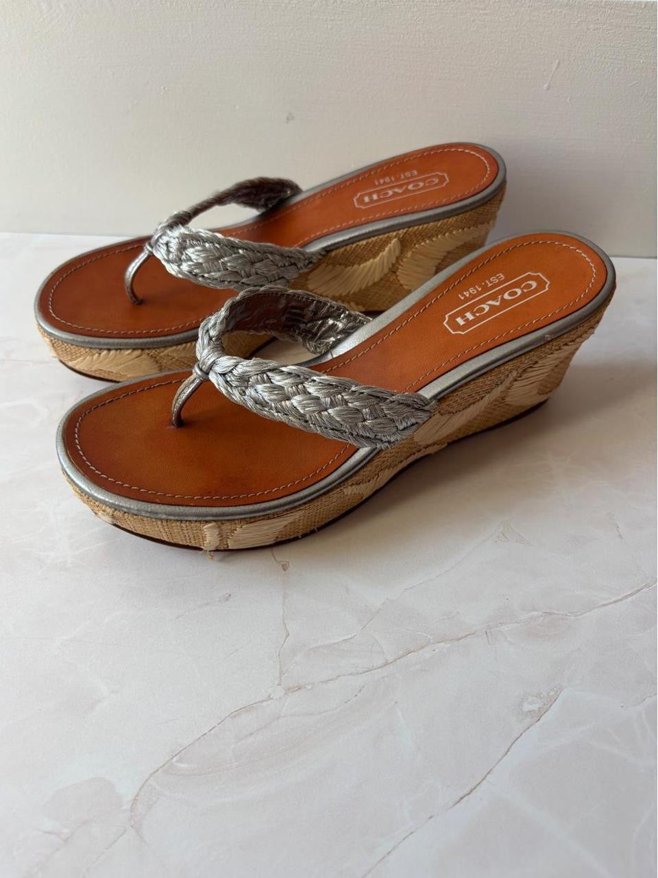 Coach US 7 Silver Monogram Canvas Raffia Platform Thong Wedge Sandal