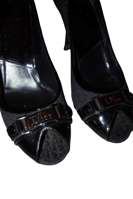 Dior black monogram peep toe heels with silver logo hardware (41)