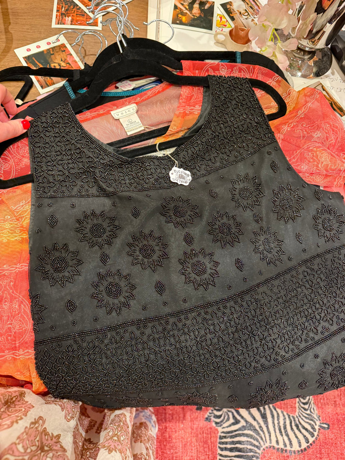 100% silk black tank top with hand beaded details - sku tuv #191