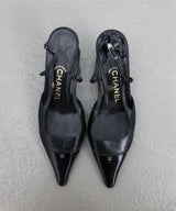 Chanel black leather CC logo cap toe slingback (36.5)