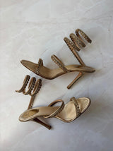 René Caovilla EU 39.5 Gold Satin Beaded Coil Ankle Wrap Stiletto Sandal