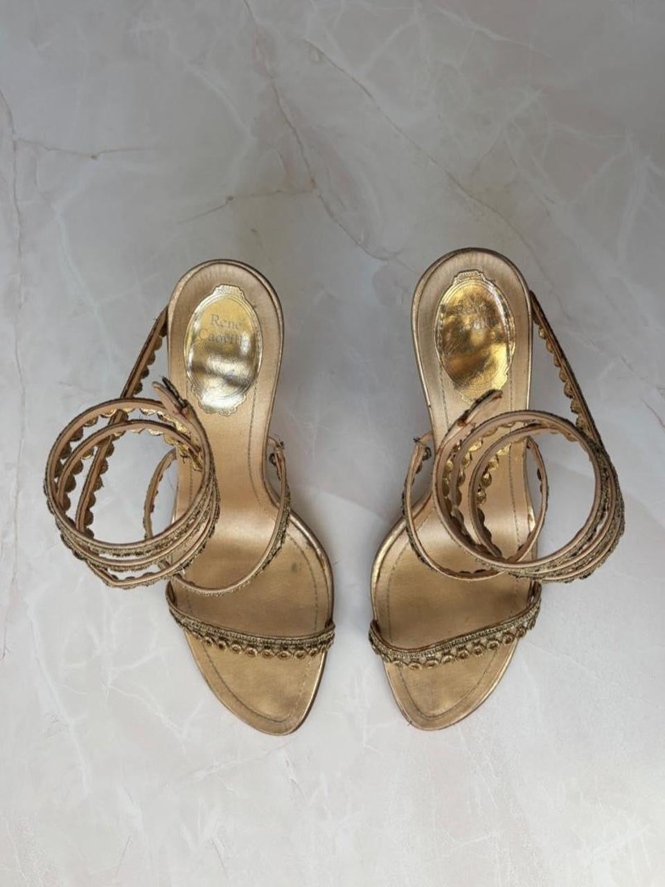 René Caovilla EU 39.5 Gold Satin Beaded Coil Ankle Wrap Stiletto Sandal