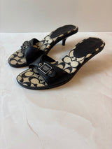 Coach US 9 Black Leather Monogram Canvas Footbed Slide Sandal