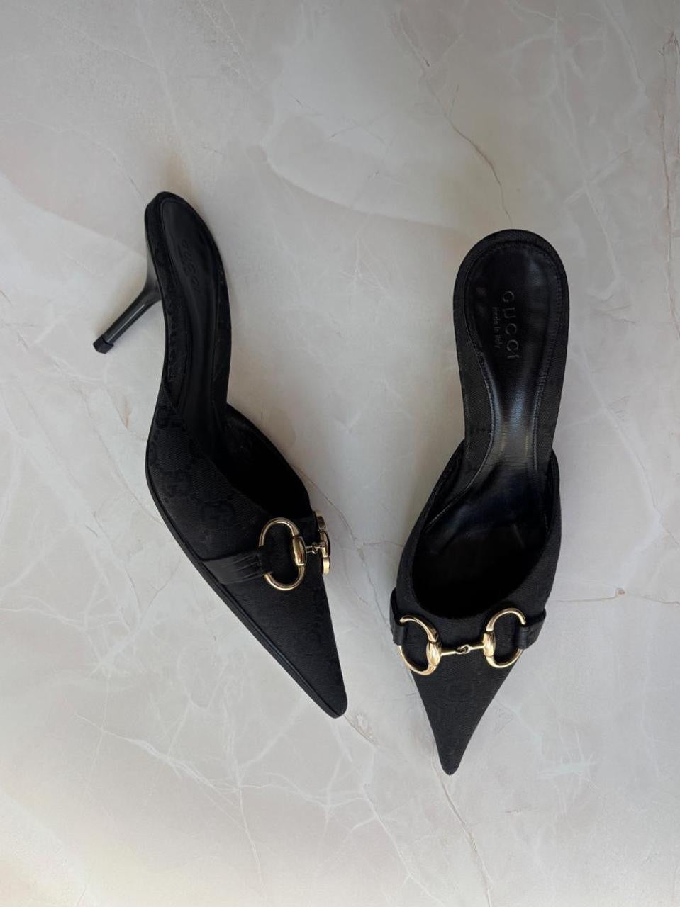 Gucci US 6 Black GG Monogram Canvas Pointed Toe Mule