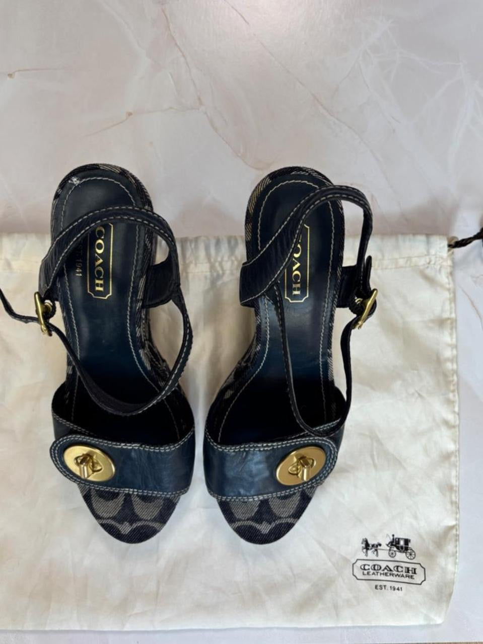Coach US 8.5 Navy Monogram Canvas Ankle Strap Chunky Platform Wedge