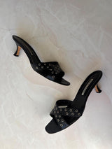 Manolo Blahnik EU 39.5 Black Leather Grommet Crossover Kitten Heel Mule
