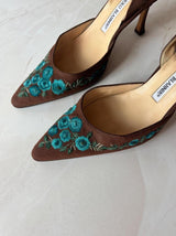 Manolo Blahnik EU 37.5 Brown Floral Embroidered Pointed Toe Slingback