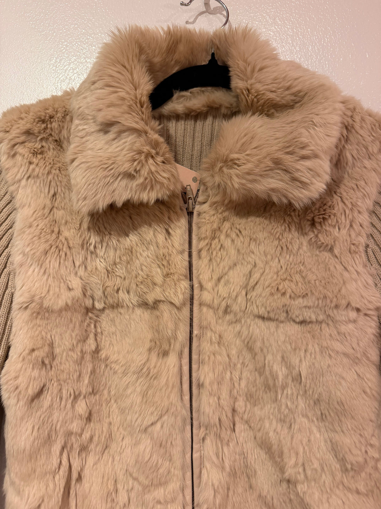 Rabbit fur and wool zip up sweater jacket in tan - size s-l
