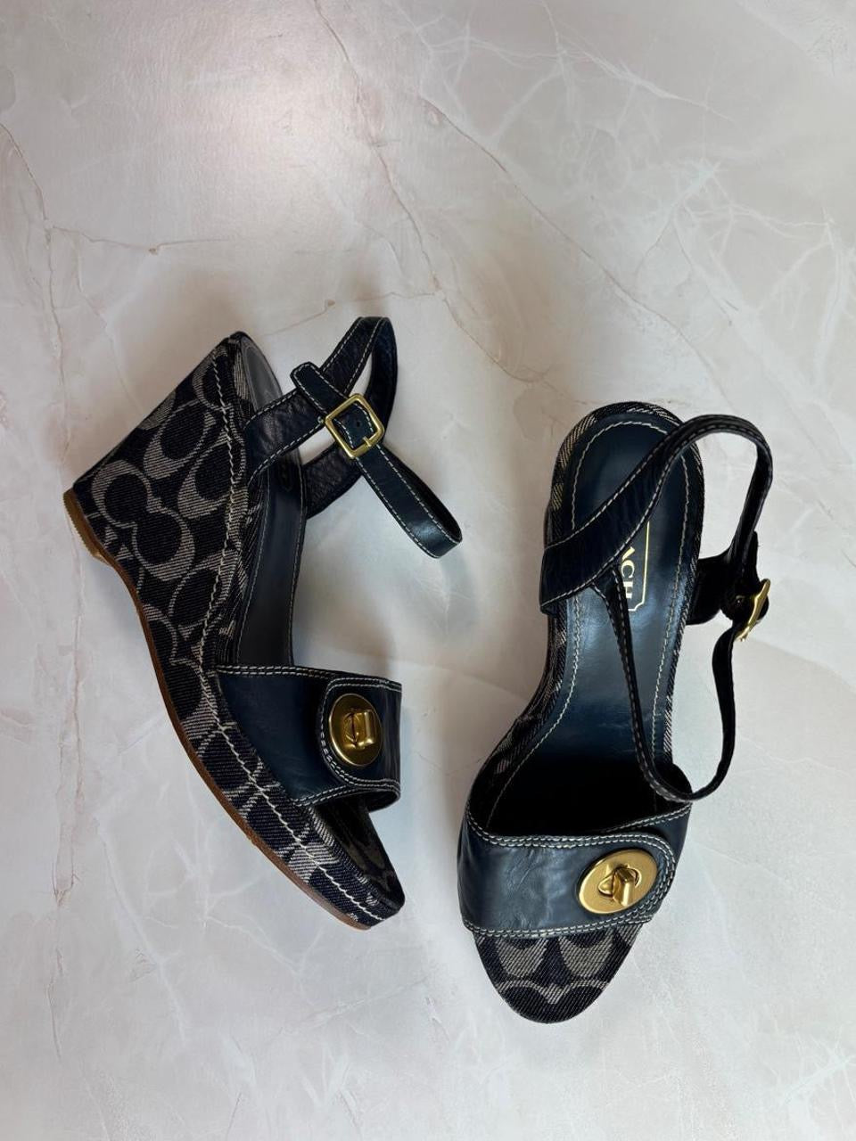 Coach US 8.5 Navy Monogram Canvas Ankle Strap Chunky Platform Wedge