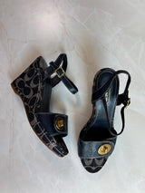 Coach US 8.5 Navy Monogram Canvas Ankle Strap Chunky Platform Wedge