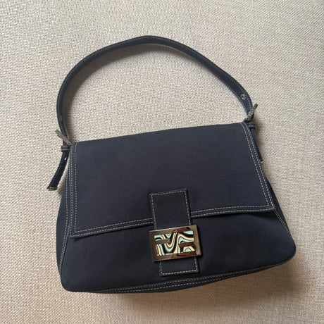 Fendi Mama Baguette Denim Canvas Enamel Swirl Vintage 2000s Y2k Authentic