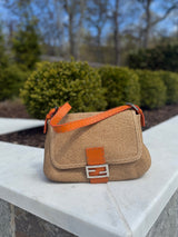 Fendi Selleria Vintage Baguette Woven Straw with Orange Leather Detail Mama Baguette Authentic