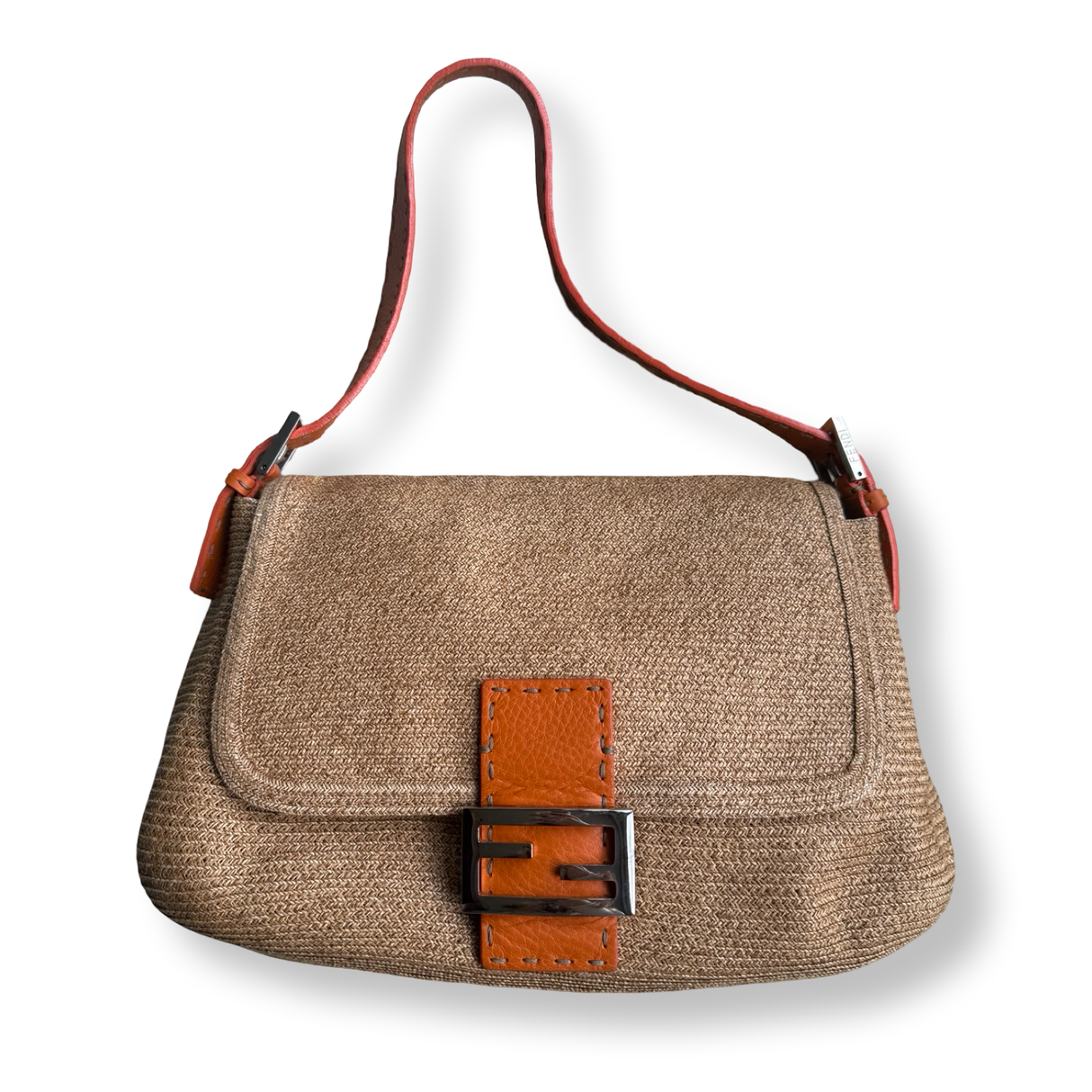 Vintage Fendi Selleria Mama Baguette Raffia Woven Straw and Leather orange trim 00s