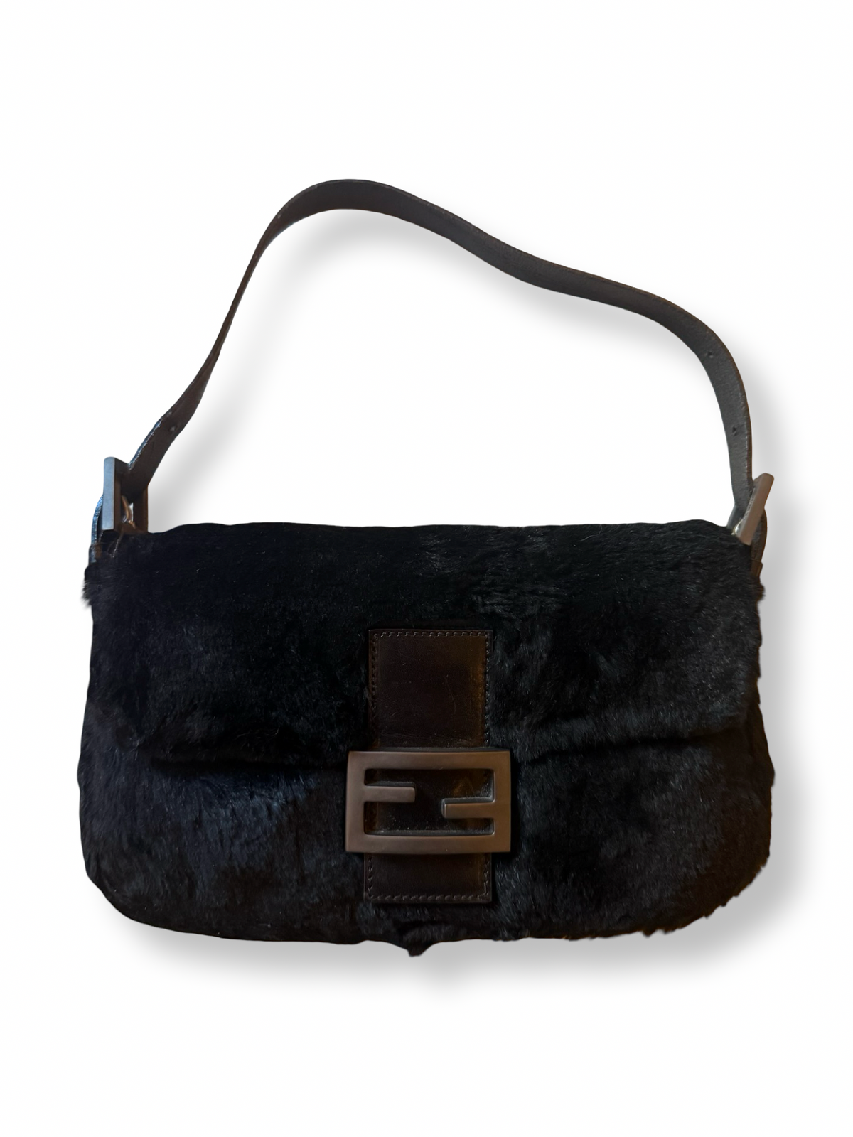 Fendi authentic Baguette bag vintage black rabbit fur shoulder bag Lapin