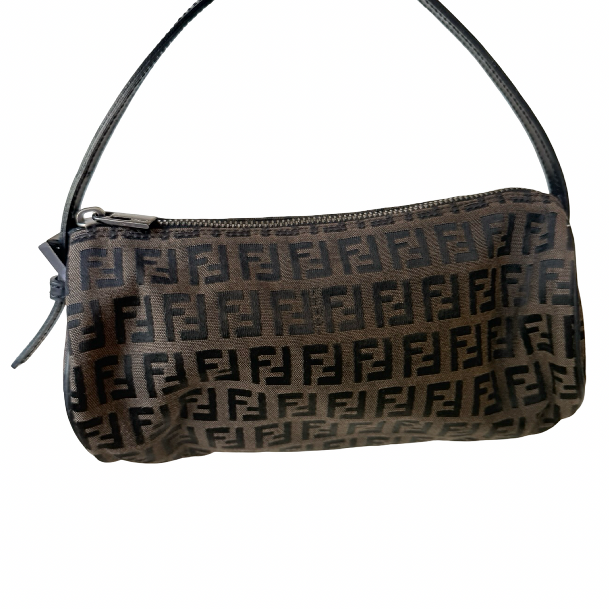 Fendi Vintage signature Zucchino Brown and black 90s shape Barrel bag authentic
