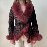 Burgundy Suede Fox Fur Trim Wrap Coat